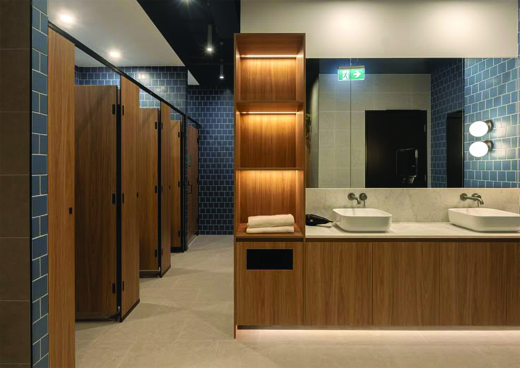Modern bathroom with HPL wall panels